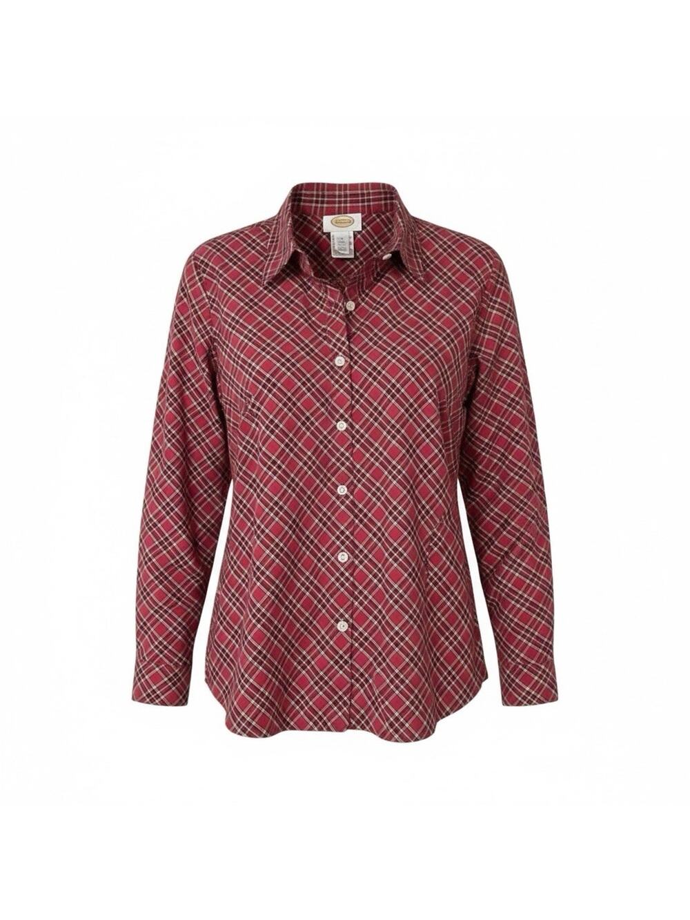 Talbots Red Plaid Button Front Shirt Womens Medium Long Sleeve Cotton Classic